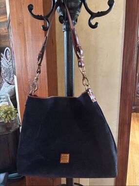 Dooney & Bourke Navy Suede Shoulder Bag with Brown Leather Trim